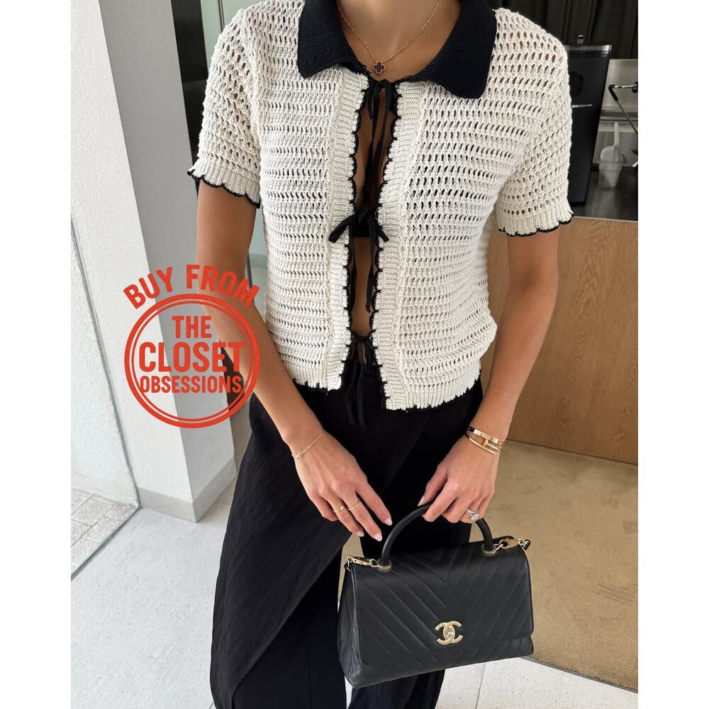Zara NWT Ecru Black Crochet Polo Collar Tie Front Short Sleeve Top L - Picture 7 of 16